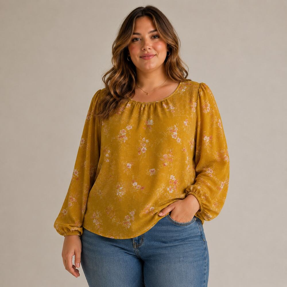 Ava & Viv dark yellow floral blouse balloon sleeves 2X business casual